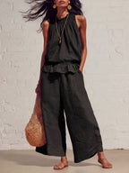 Sleeveless Smocked Linen Two-Piece Set | Ruffle Hem Wide Leg Pants Outfit