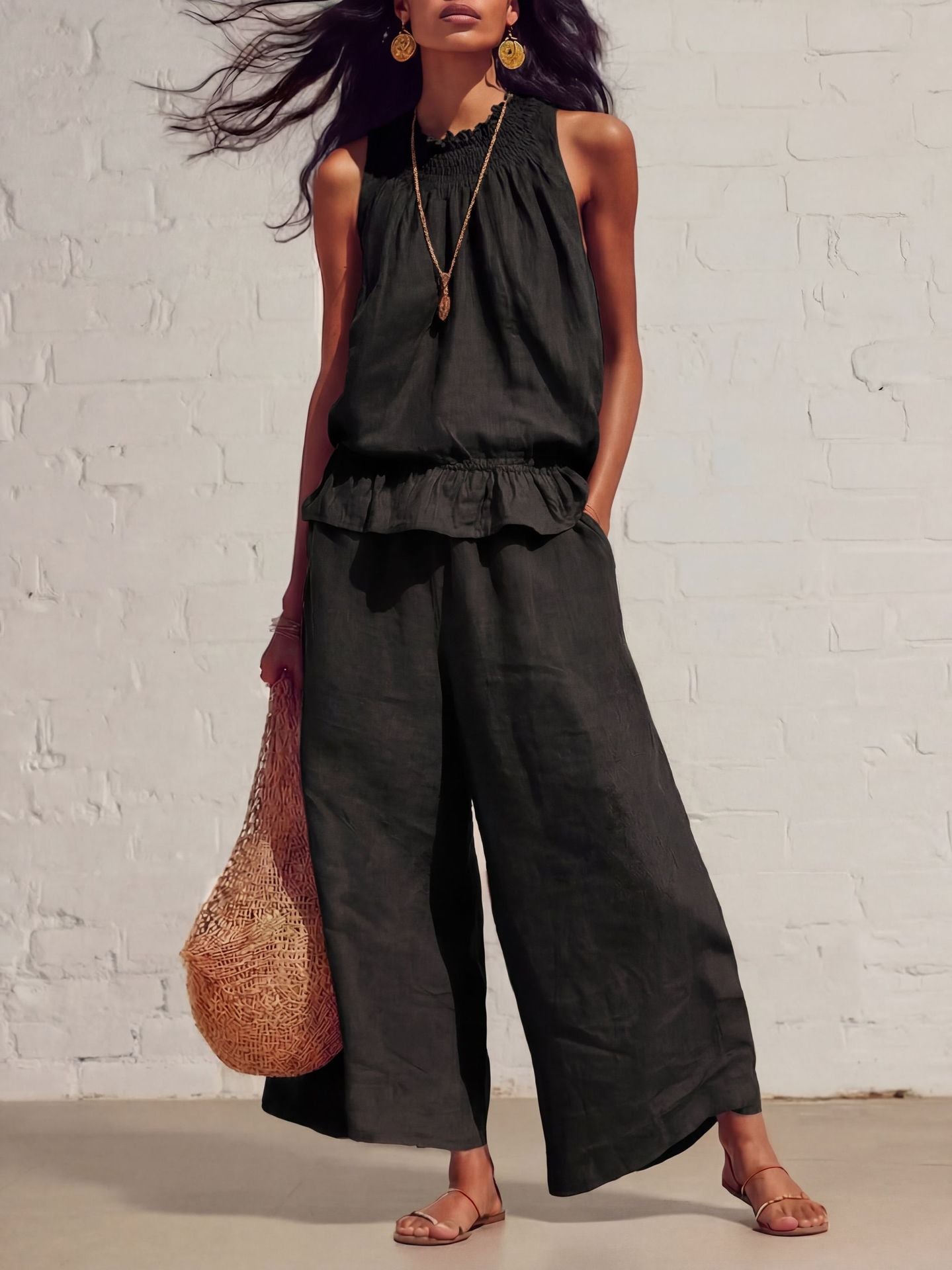 Sleeveless Smocked Linen Two-Piece Set | Ruffle Hem Wide Leg Pants Outfit
