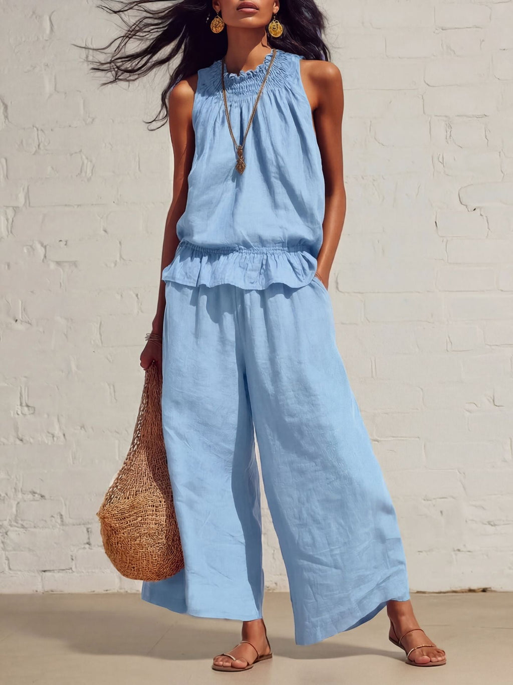 Sleeveless Smocked Linen Two-Piece Set | Ruffle Hem Wide Leg Pants Outfit