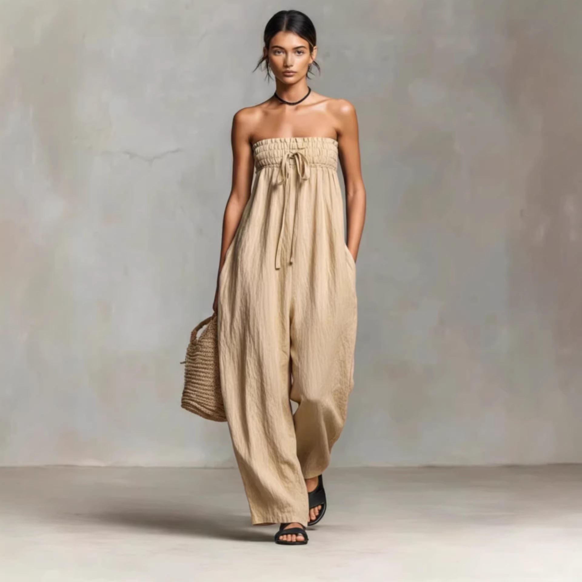 Bohemian Rhapsody Smocked Linen Jumpsuit – Oversized Wide-Leg Palazzo Fit