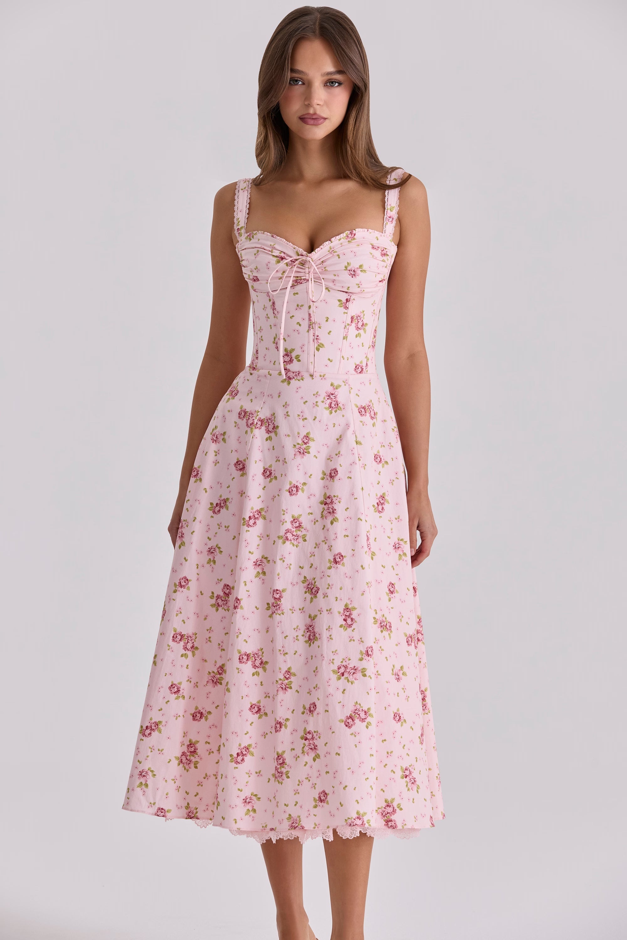 Vintage Rose Pink Floral Print Midi Dress