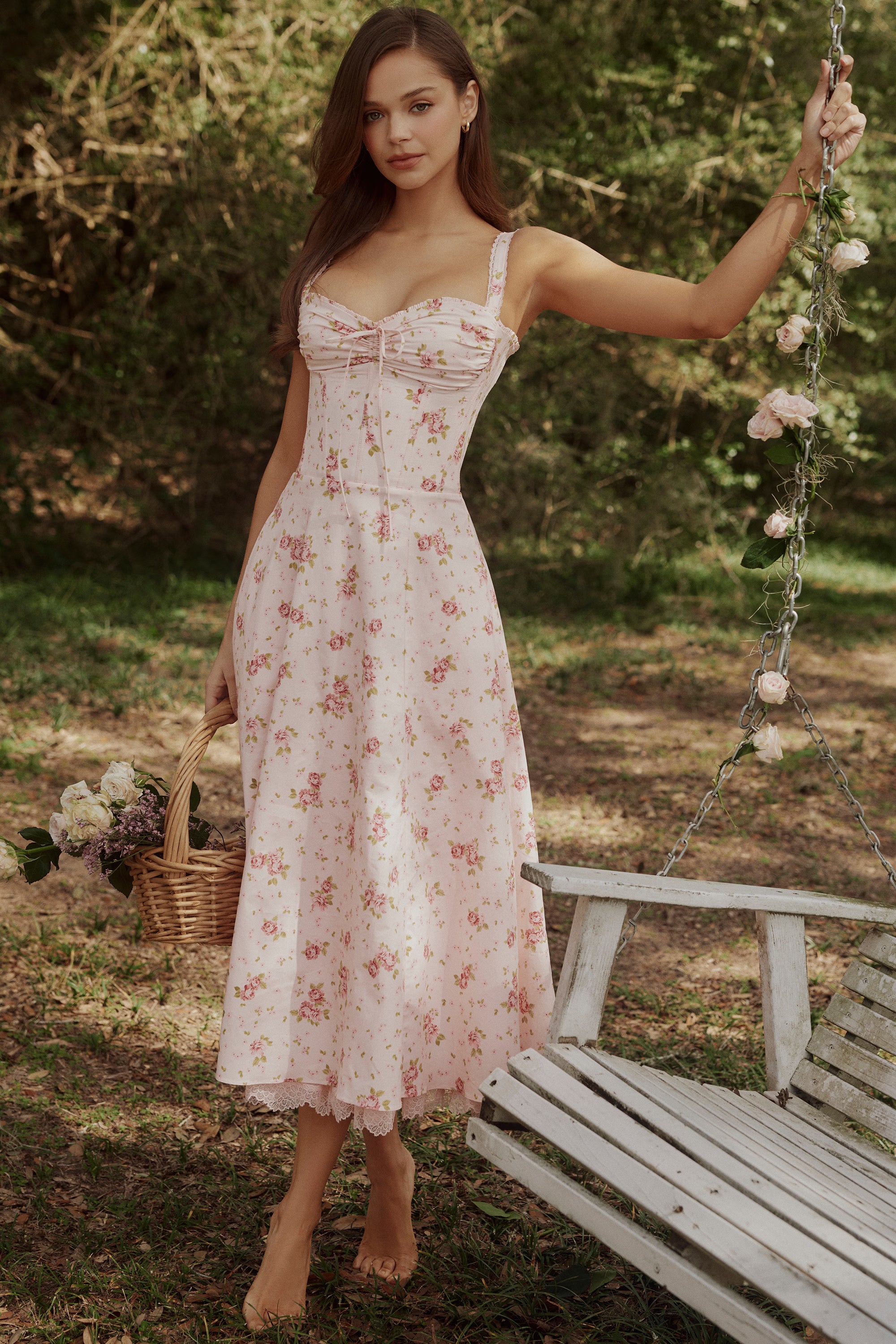 Vintage Rose Pink Floral Print Midi Dress