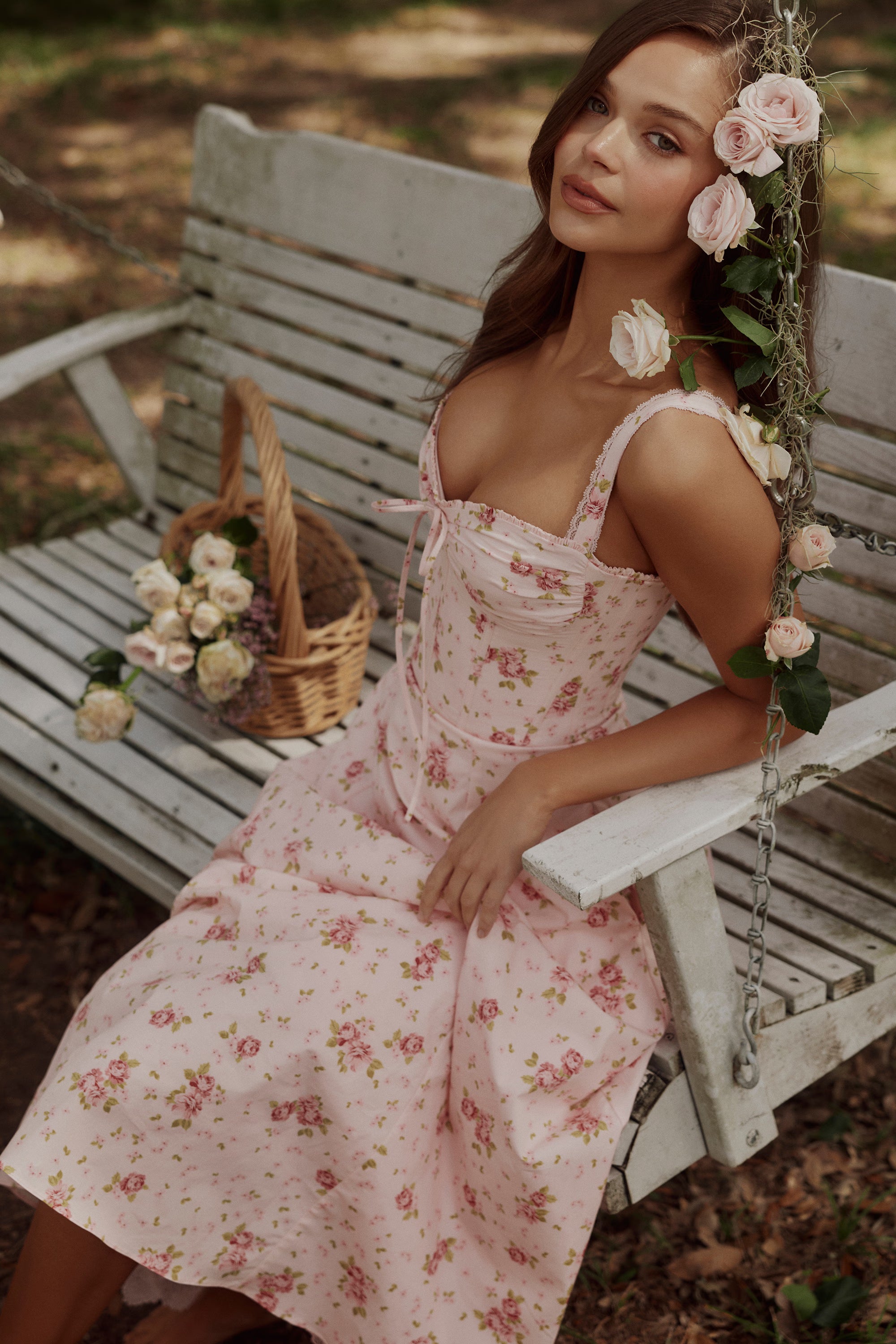 Vintage Rose Pink Floral Print Midi Dress
