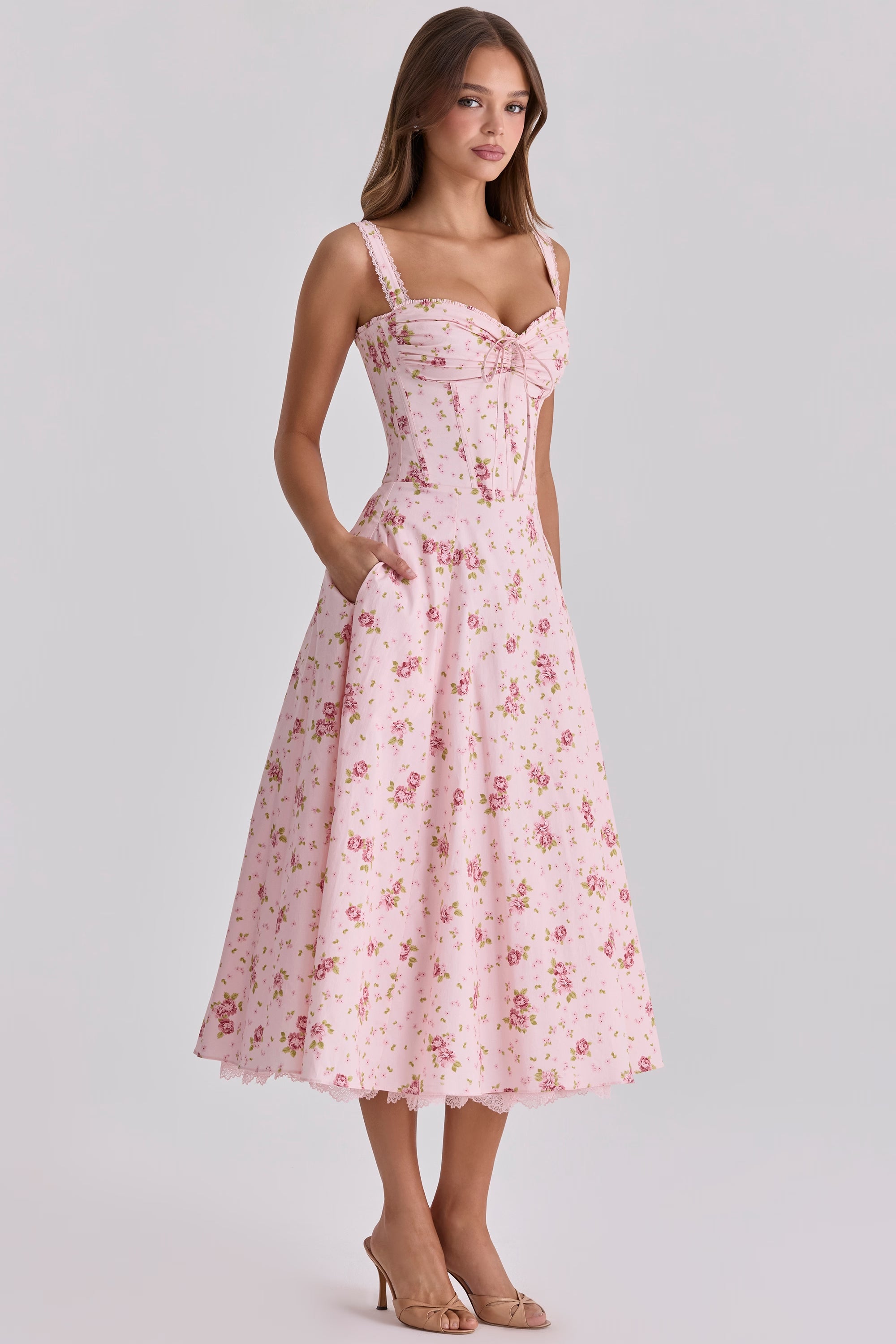 Vintage Rose Pink Floral Print Midi Dress