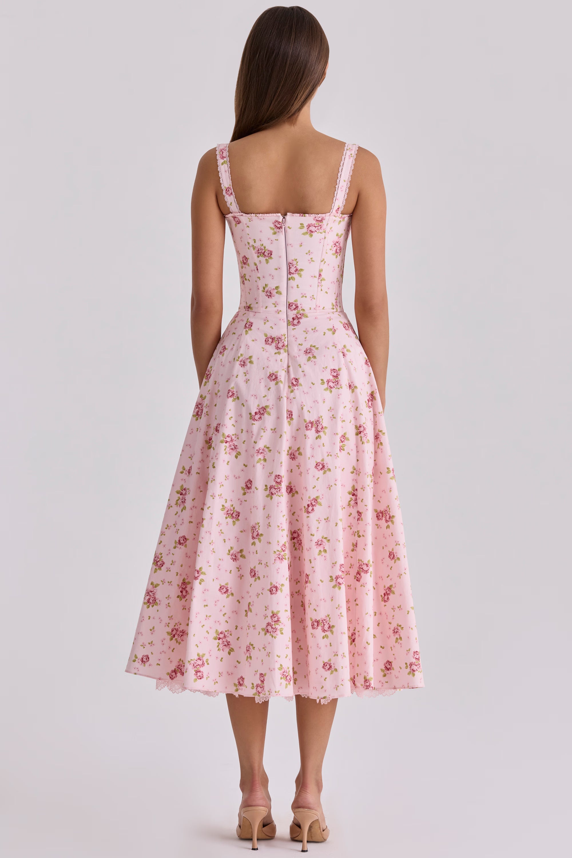 Vintage Rose Pink Floral Print Midi Dress