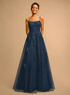 Square Spaghetti Straps Sequins Tulle Prom Dress