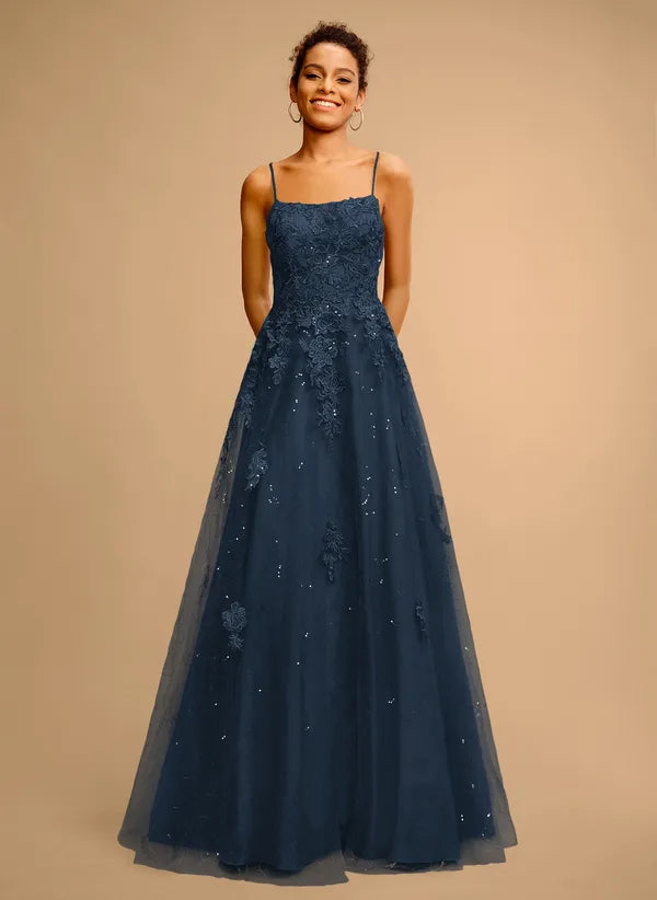 Square Spaghetti Straps Sequins Tulle Prom Dress