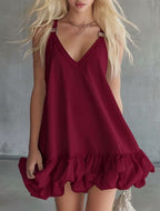 Womens Solid Color V-Neck Ruffled Mini Skirt