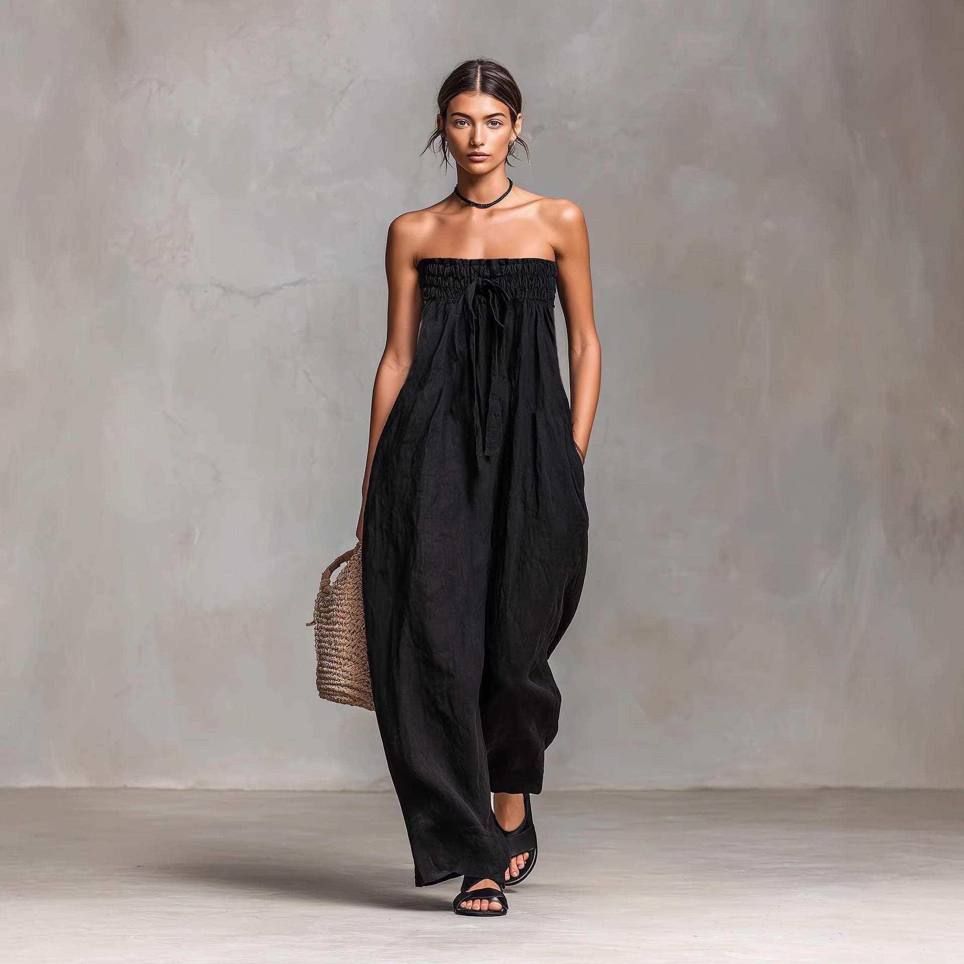 Bohemian Rhapsody Smocked Linen Jumpsuit – Oversized Wide-Leg Palazzo Fit