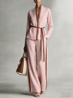 Women's Mandarin-collar Cardigan Blouse And Wide-leg Pants Set