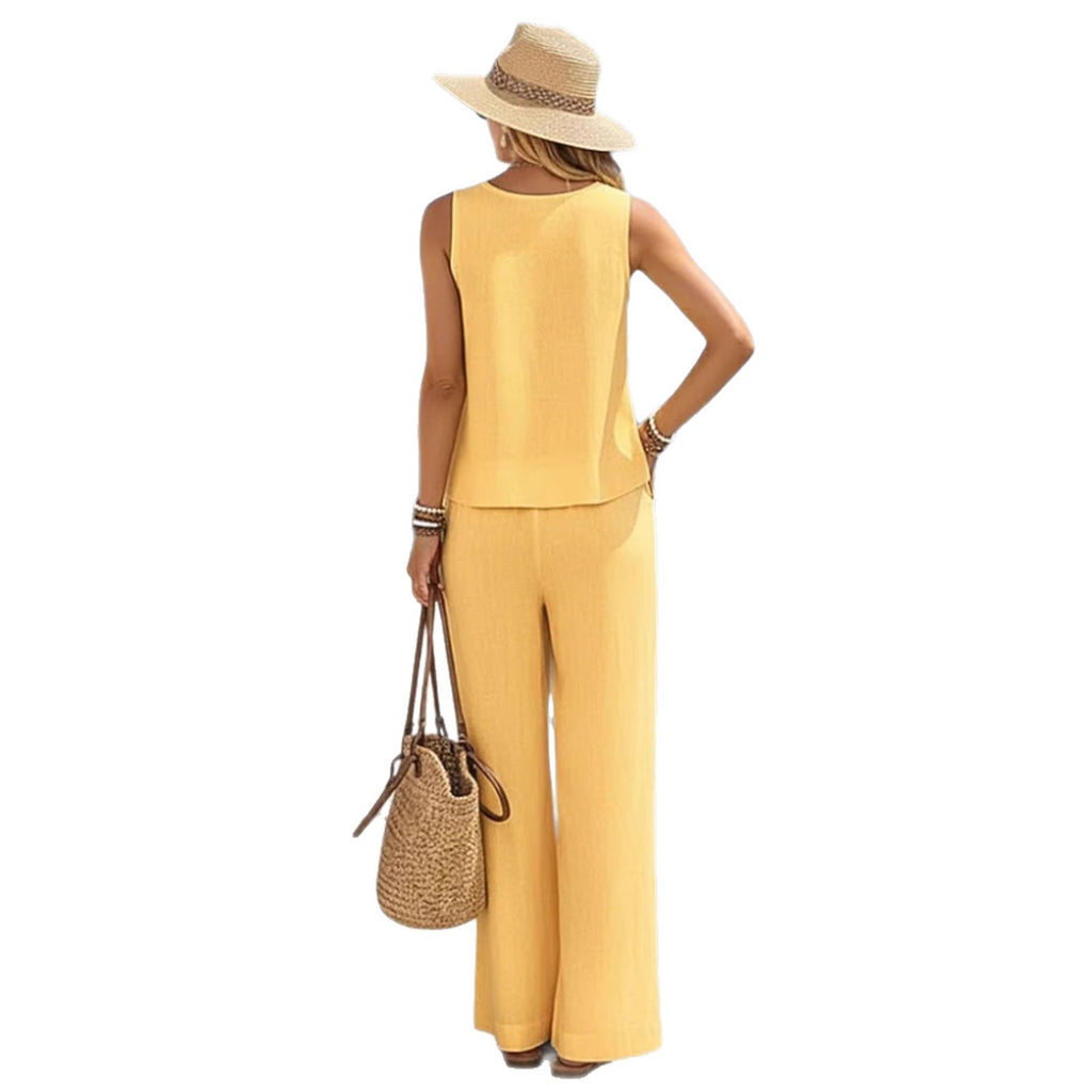 Round-neck Solid-color Fashionable Womens Casual Cotton-Linen Vest And Pants Set