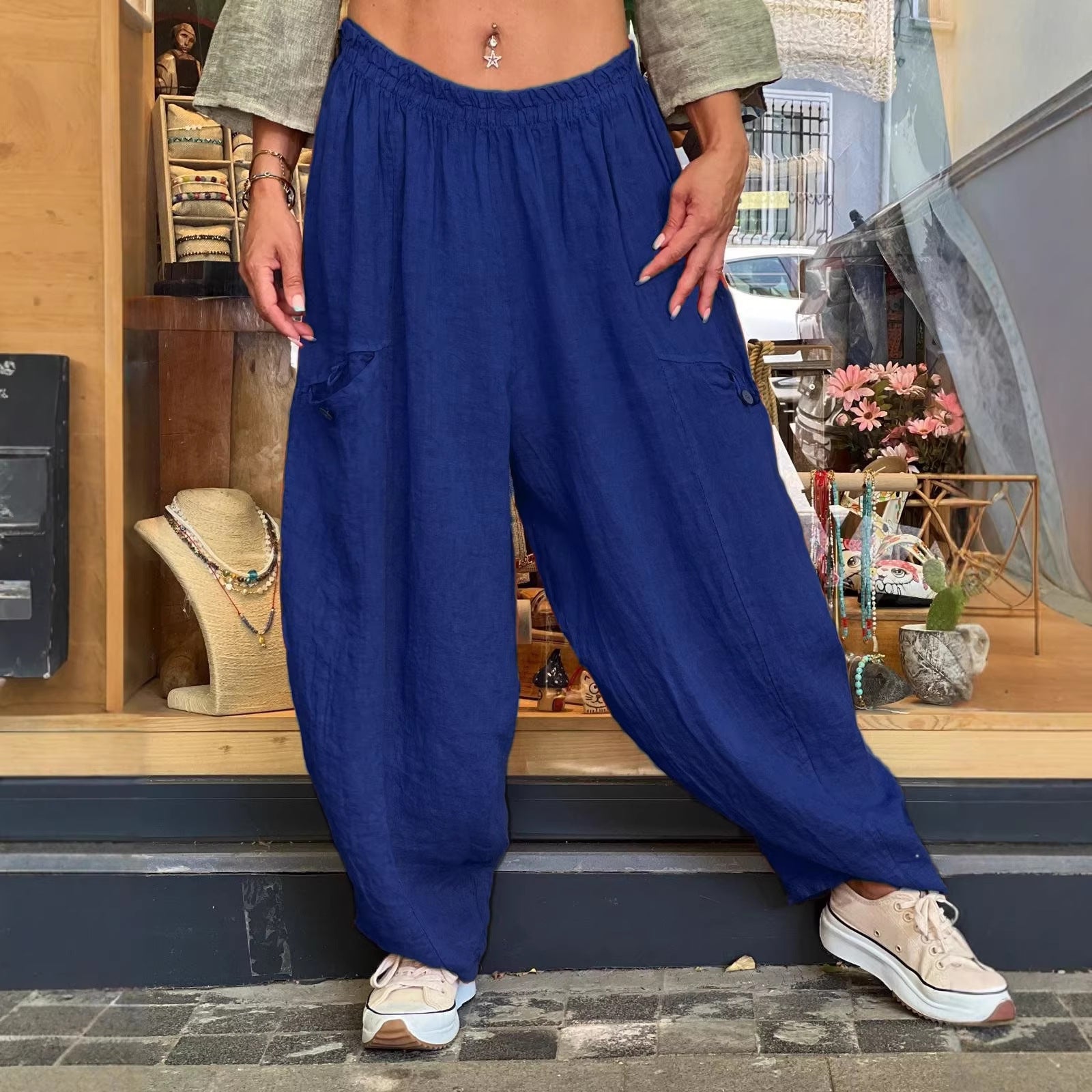 AutumnWinter Cotton-Linen Womens Long Solid-Color Pockets Loose Pants