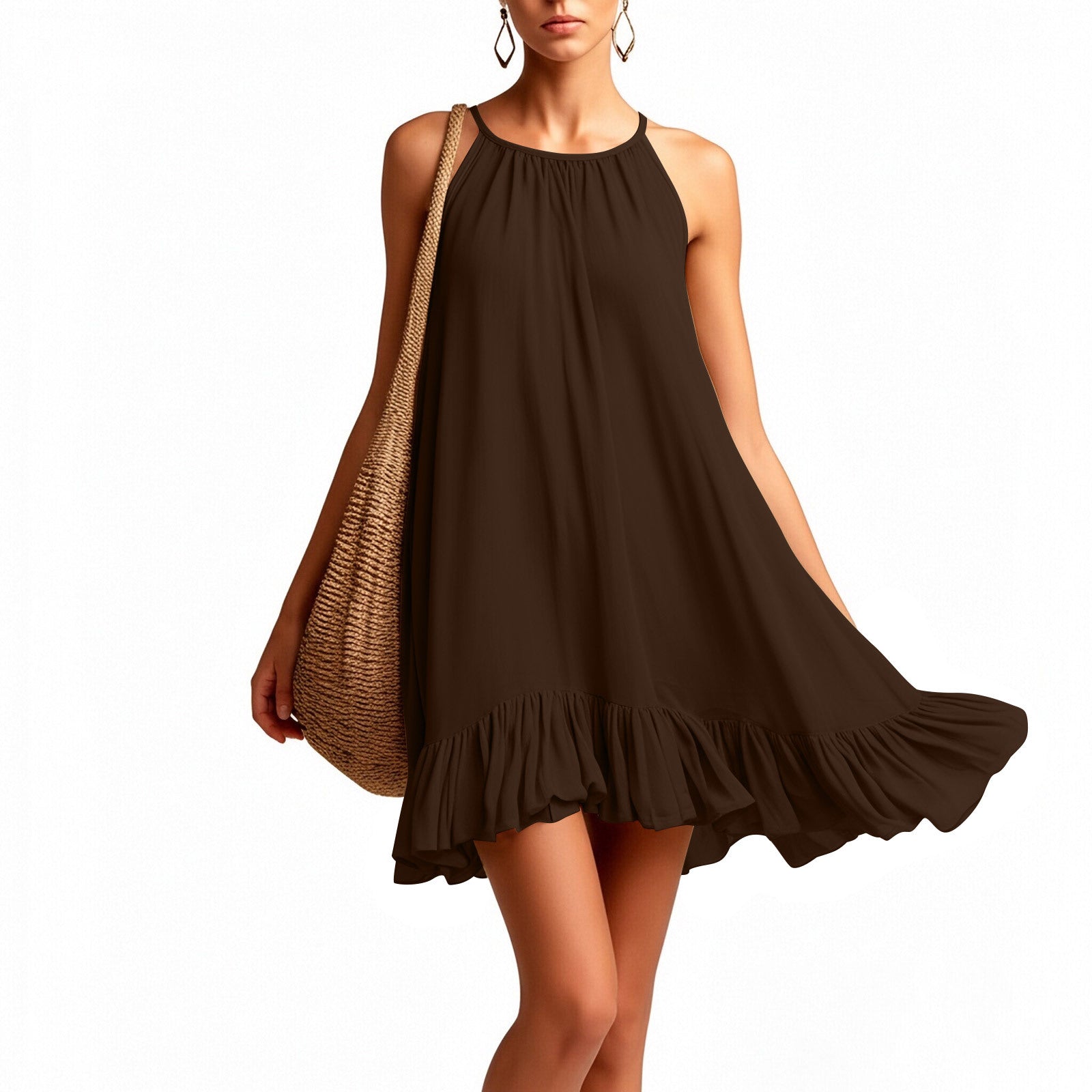 Sleeveless Pleated Womens Halterneck Casual Dress