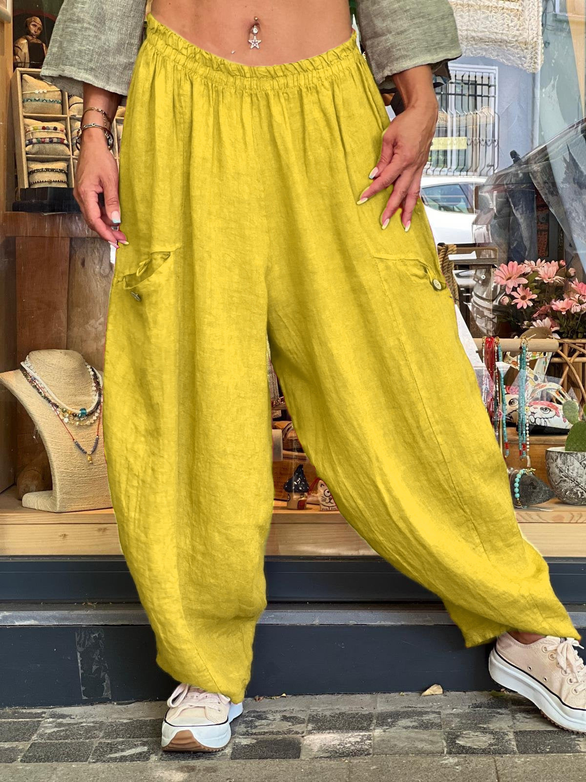 AutumnWinter Cotton-Linen Womens Long Solid-Color Pockets Loose Pants