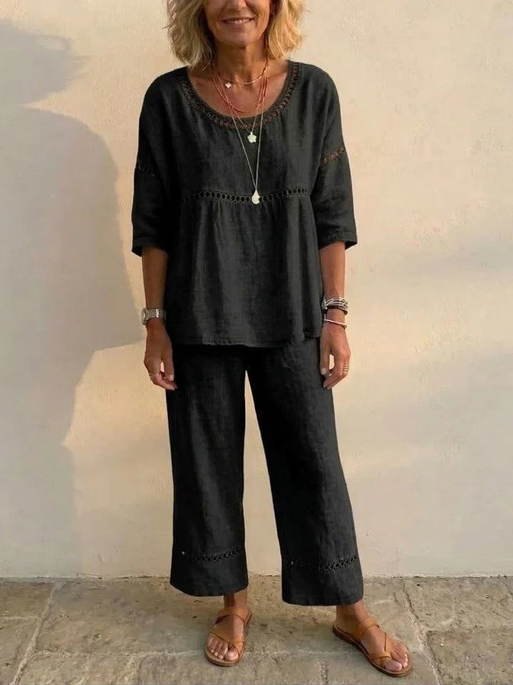 Casual Commuter Comfortable Loose Crew-Neck Linen Set