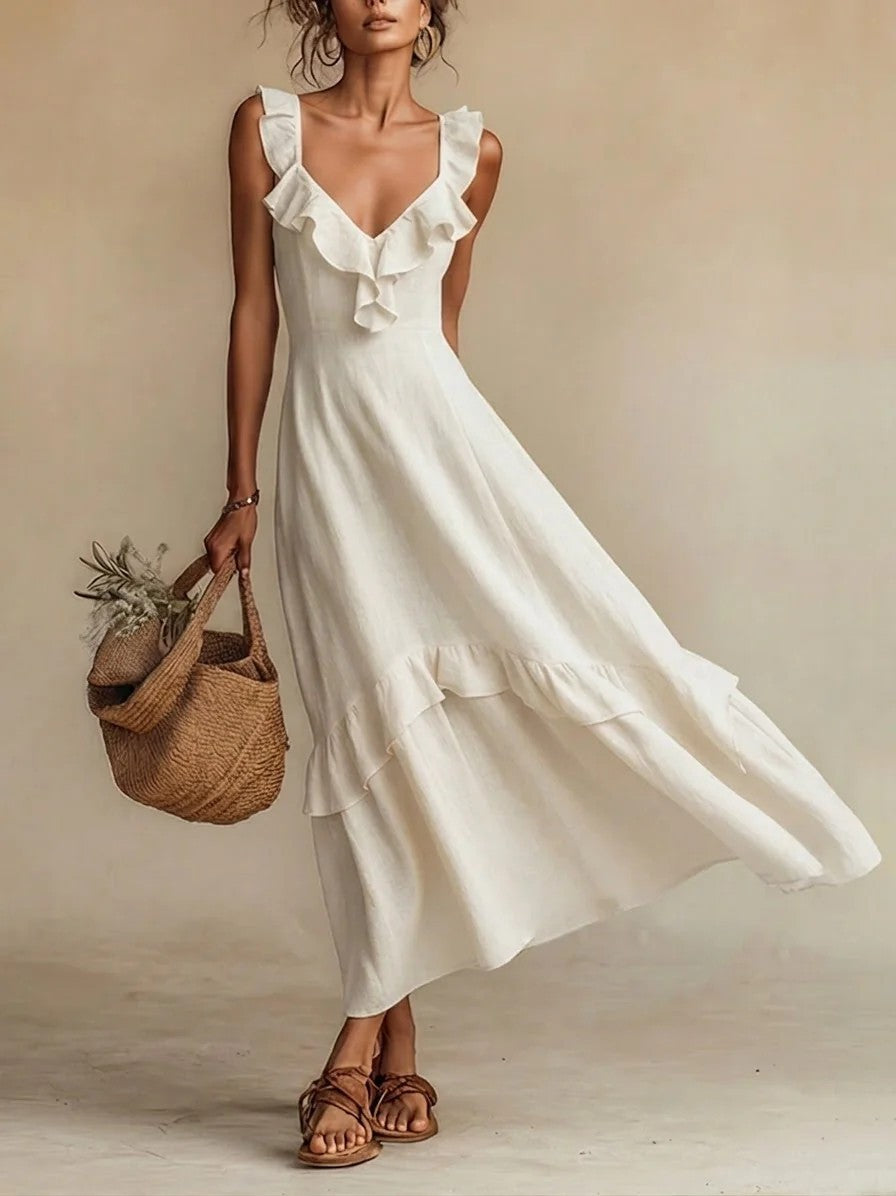 Elegant And Chic Cotton-Linen Dress With Ruffled Flutter Sleeves And A Flowing Hem