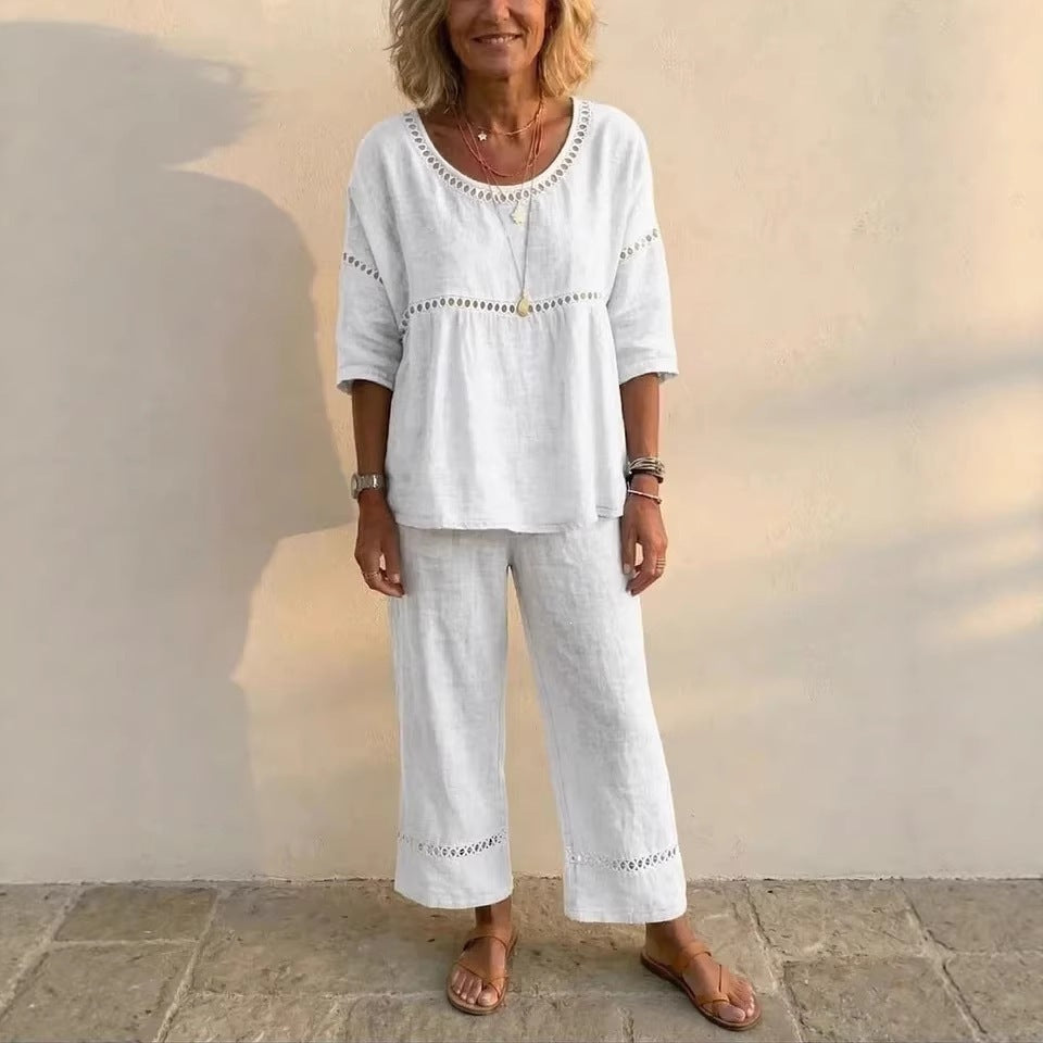 Casual Commuter Comfortable Loose Crew-Neck Linen Set