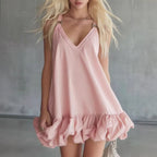 Womens Solid Color V-Neck Ruffled Mini Skirt