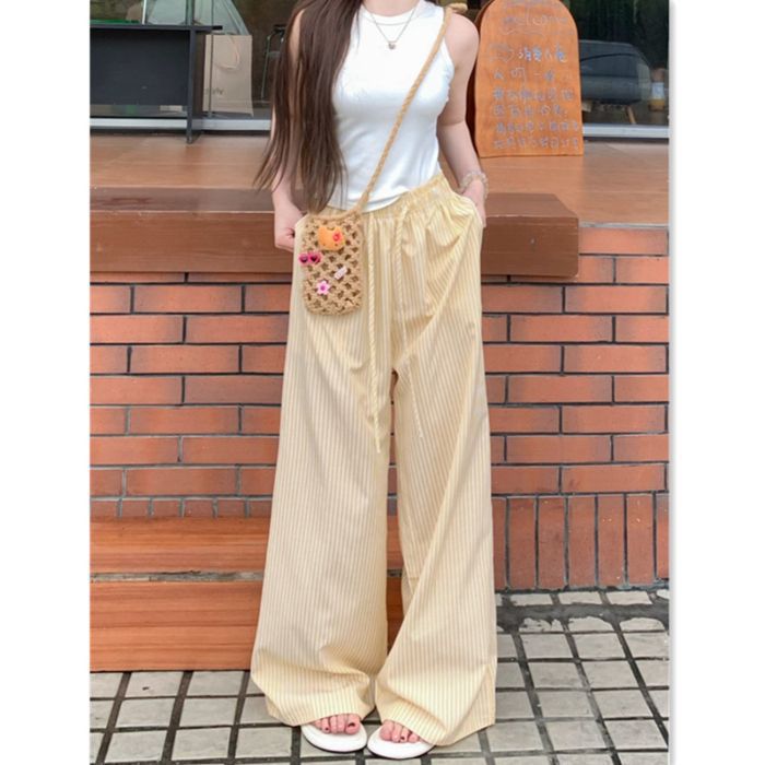 Niche Drawstring Elastic-waist Floor-length Pants