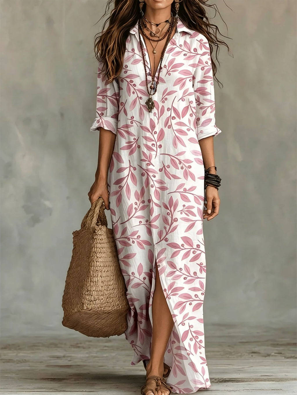 Casual Lapel-Neck Long Digital-Print Womens Shirt Dress