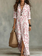 Casual Lapel-Neck Long Digital-Print Womens Shirt Dress