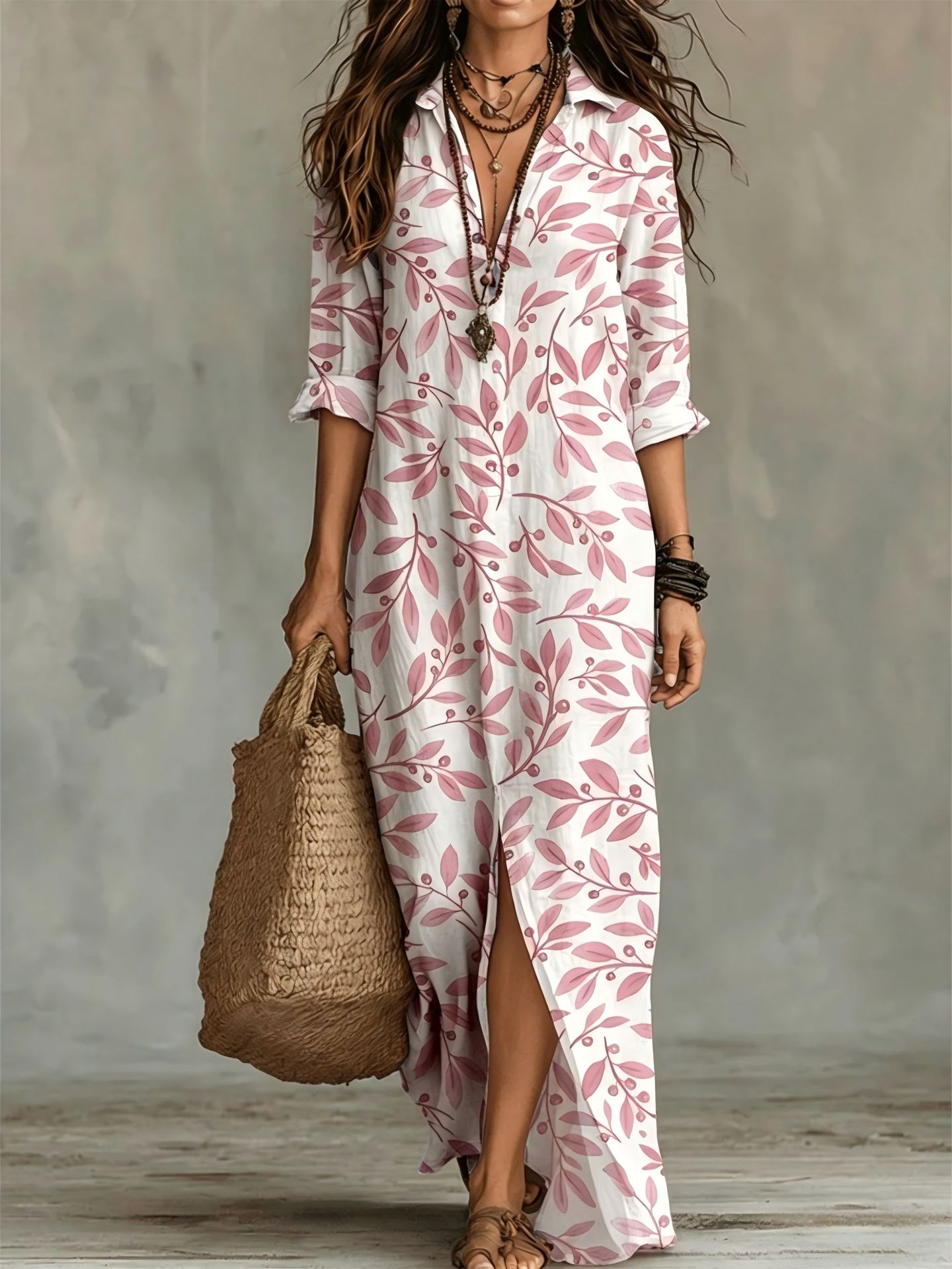 Casual Lapel-Neck Long Digital-Print Womens Shirt Dress