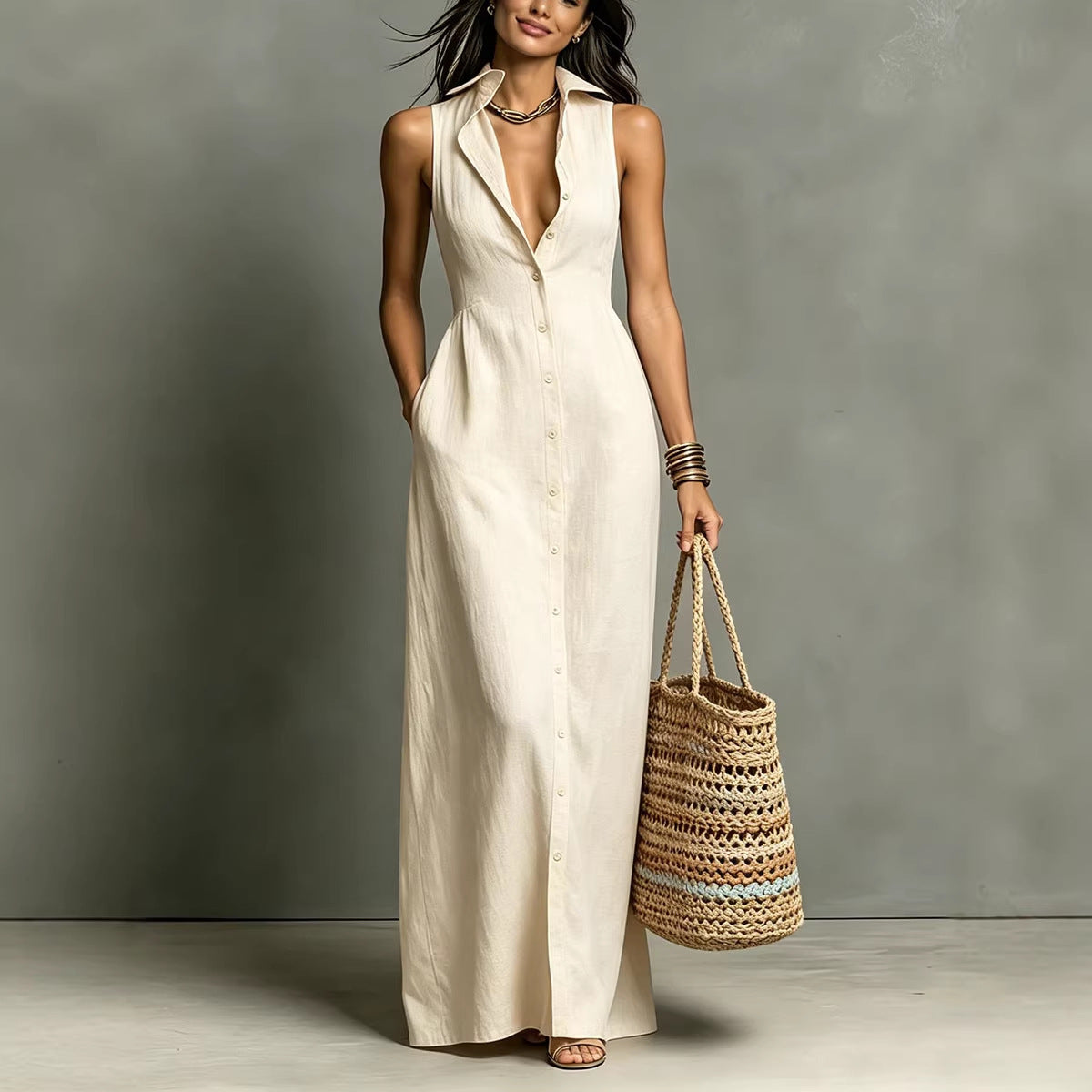 Casual Cotton Linen Bag-Sleeveless Solid Color Dress