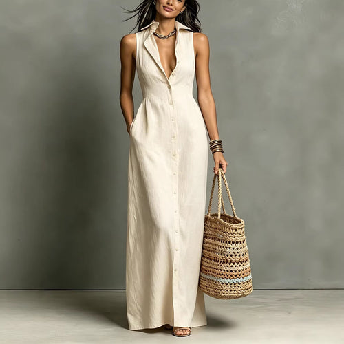 Casual Cotton Linen Bag-Sleeveless Solid Color Dress