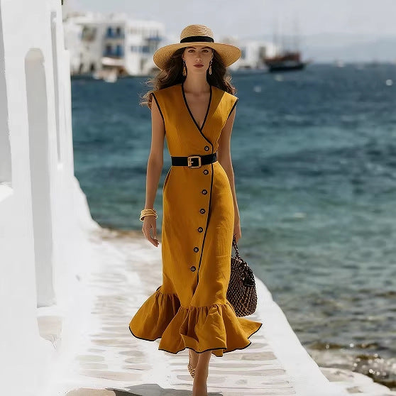 Fashionable V-Neck Linen Blend Midi Dress