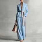 Women's Mandarin-collar Cardigan Blouse And Wide-leg Pants Set