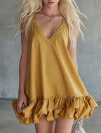 Womens Solid Color V-Neck Ruffled Mini Skirt