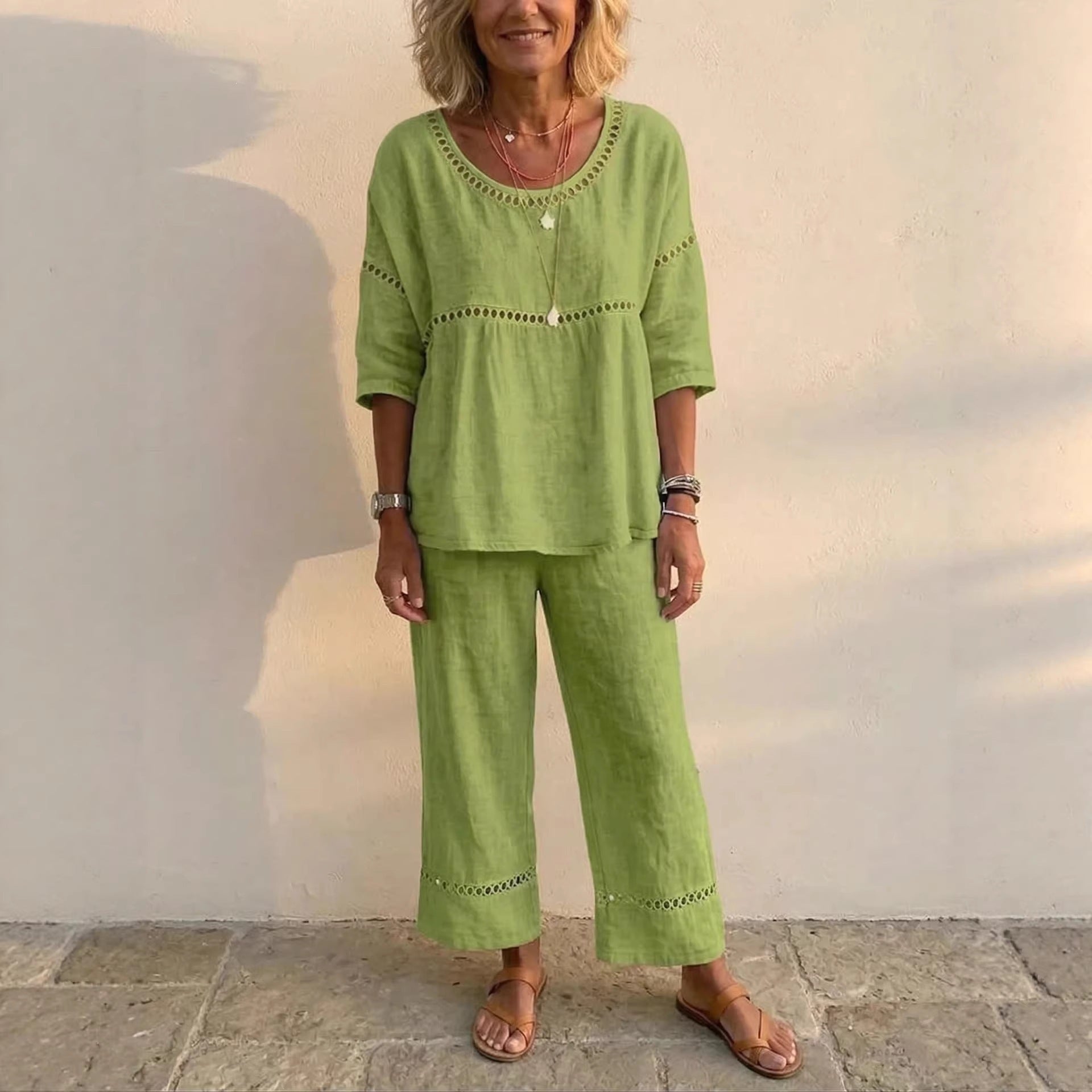 Casual Commuter Comfortable Loose Crew-Neck Linen Set