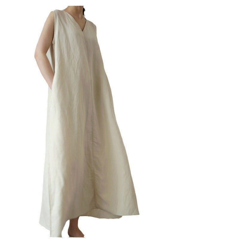 Simple, Versatile Solid-Color Plus-Size Mori Girl V-Neck Silk-Linen Tank Dress Long Skirt