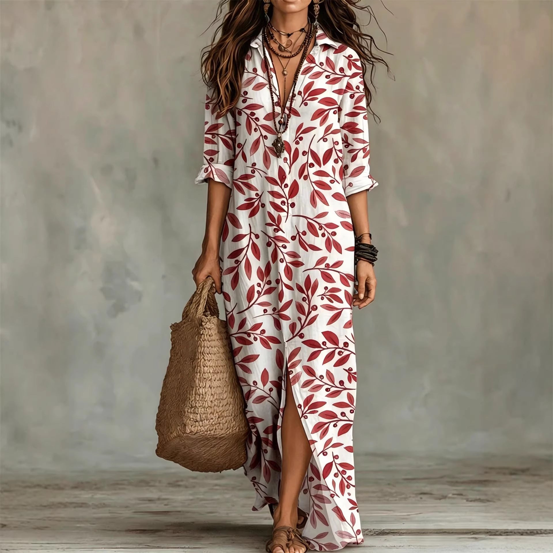 Casual Lapel-Neck Long Digital-Print Womens Shirt Dress