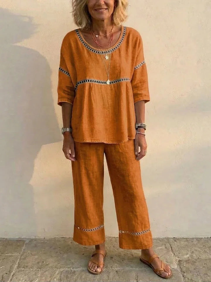 Casual Commuter Comfortable Loose Crew-Neck Linen Set