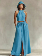 Neck-hanging Sleeveless Top High-waisted Split Wide-leg Long Skirt Two-piece Set