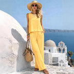 Round-neck Solid-color Fashionable Womens Casual Cotton-Linen Vest And Pants Set