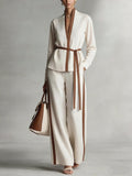 Women's Mandarin-collar Cardigan Blouse And Wide-leg Pants Set