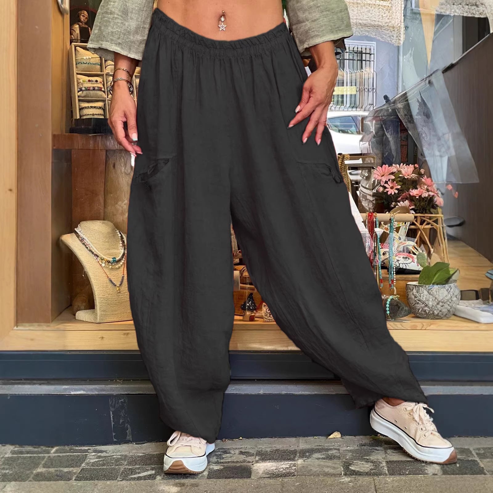 AutumnWinter Cotton-Linen Womens Long Solid-Color Pockets Loose Pants