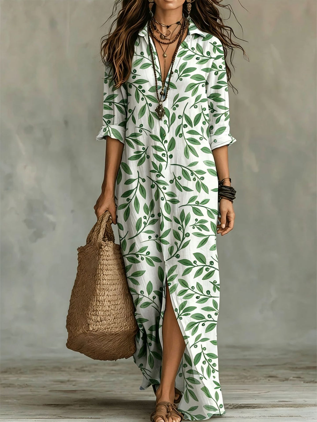 Casual Lapel-Neck Long Digital-Print Womens Shirt Dress