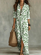 Casual Lapel-Neck Long Digital-Print Womens Shirt Dress