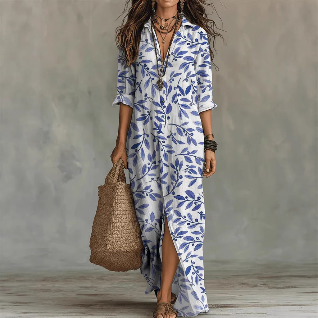 Casual Lapel-Neck Long Digital-Print Womens Shirt Dress