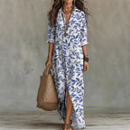 Casual Lapel-Neck Long Digital-Print Womens Shirt Dress