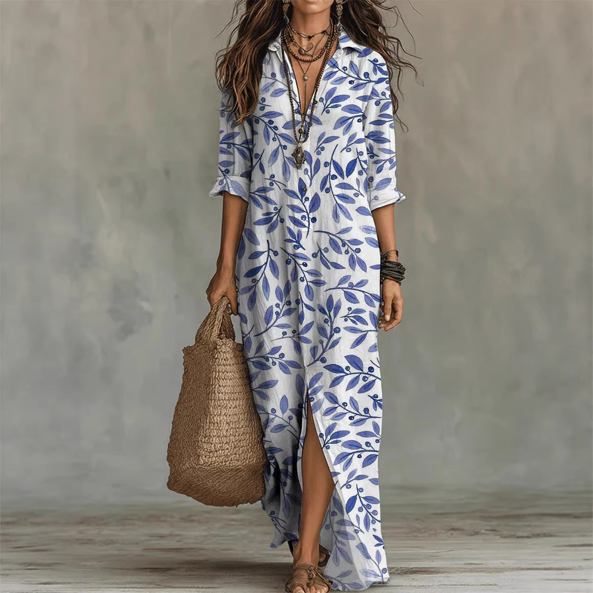 Casual Lapel-Neck Long Digital-Print Womens Shirt Dress