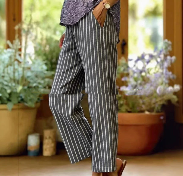 Womens Striped Elastic Waist Loose Casual Pants