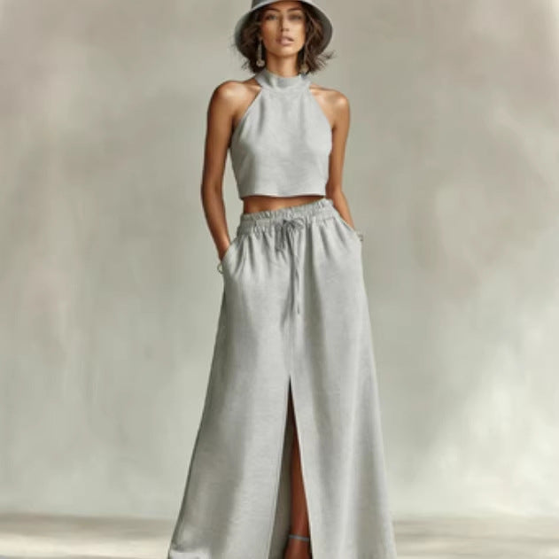 Neck-hanging Sleeveless Top High-waisted Split Wide-leg Long Skirt Two-piece Set