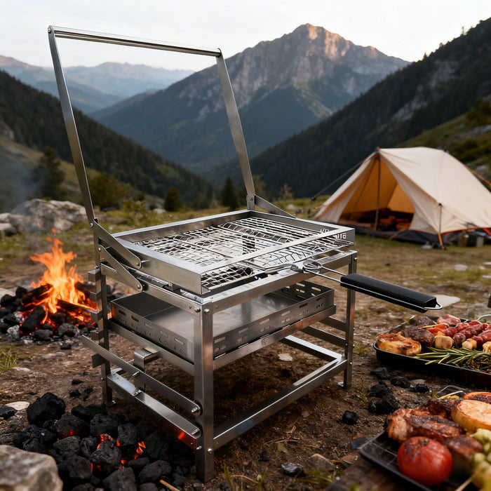 ⚡Clearance Sale🍻 Adjustable Charcoal Rotating Grill, with BBQ Net and Carbon Clip×2, Outdoor Barbecue, Summer Camping