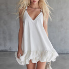 Womens Solid Color V-Neck Ruffled Mini Skirt
