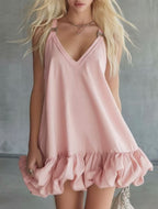 Womens Solid Color V-Neck Ruffled Mini Skirt
