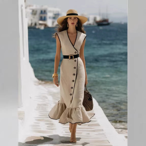 Fashionable V-Neck Linen Blend Midi Dress